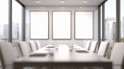Poster - Modern Meeting Room with Blank Posters on Wall and Bright Windows
