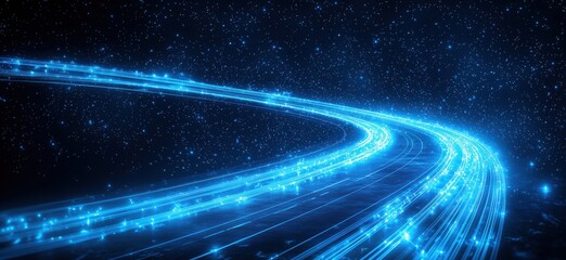 Poster - Futuristic glowing blue light trails in starry night sky with cosmic background