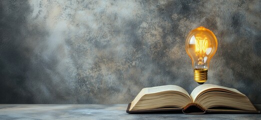 Poster - Open book with glowing light bulb symbolizing knowledge and creativity