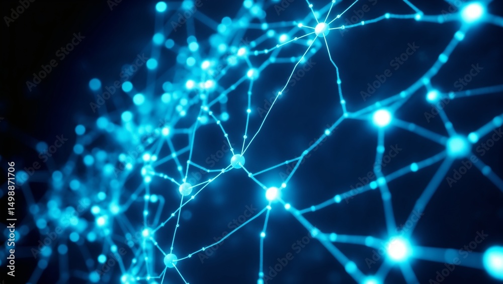 AI neural network with glowing nodes and connecting lines over dark ...