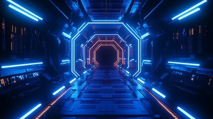 Aufkleber - futuristic corridor with neon lights and octagonal frames leading into a dark unknown space
