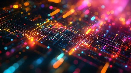Poster - Abstract circuit board with glowing lines and colorful bokeh lights in a dark background design