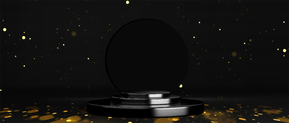 Poster - black podium with gold glitter - dark stage platform illuminated by golden glowing particles, shimme