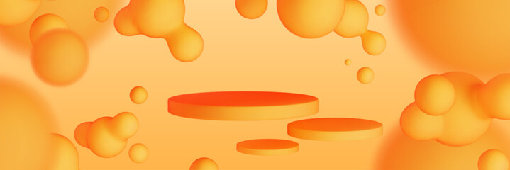 Poster - Abstract orange background with floating podium stages - bright tangerine colored metaballs, organic blobs, fluid shapes scattered around cylinder pedestals. Vibrant 3d geometric composition.