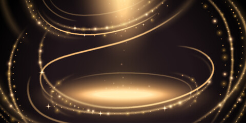 Poster - golden award ceremony stage with glittering spiral lines and curves framing round podium. shimmering
