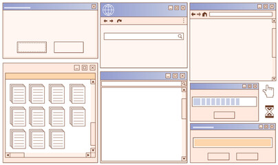 Poster - Retro style user interface mockup set - browser windows, panels with buttons, search bars and icons. Vintage design for 90s website layout, nostalgic computer program screens. Flat old school GUI kit.