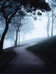 Wall Mural - serene foggy pathway winding through a tranquil park with lampposts illuminating the scene