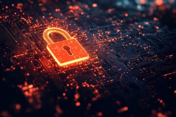 Poster - Bright orange padlock icon glowing on dark digital background representing cybersecurity and data protection in a modern virtual environment