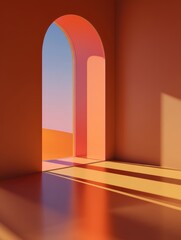 Poster - Abstract interior scene featuring an arched window with colorful light and shadows