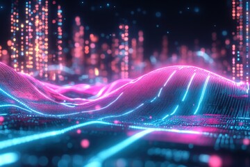 Fototapete - Visual representation of technological landscapes with glowing patterns and vibrant colors in a digital environment