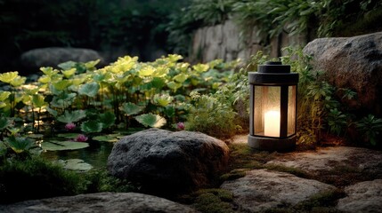 Poster - Tea pavilion with minimalism and rock by lantern concept. A serene scene with a lantern beside a peaceful pond and flora.