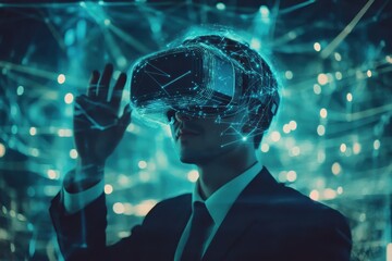 Poster - Businessman exploring virtual metaverse technologies and future possibilities in immersive digital environment