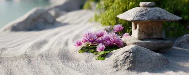 Poster - Raked sand patterns in tranquility with lantern and lotus concept. A serene garden scene featuring pink flowers and a stone lantern.