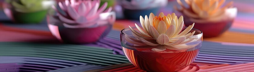 Poster - Raked sand patterns in tranquility with lantern and lotus concept. Colorful flower bowls create a serene and calming atmosphere.