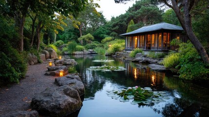 Poster - Tea pavilion with minimalism and rock by lantern concept. Tranquil garden scene with pond, lush greenery, and illuminated gazebo.