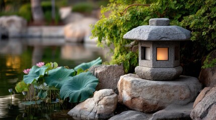 Poster - Tea pavilion with minimalism and rock by lantern concept. A serene garden scene featuring a stone lantern and water lilies.