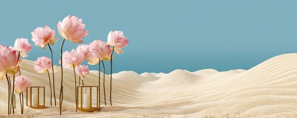 Poster - Raked sand patterns in tranquility with lantern and lotus concept. Delicate pink flowers stand tall against a serene sandy backdrop.