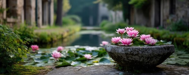 Poster - Stone lantern in harmony with peaceful lotus pond concept. Beautiful pink water lilies in a serene garden setting.