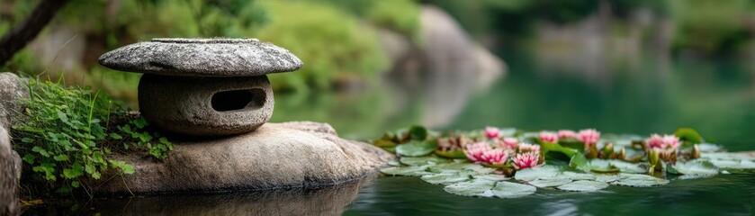 Poster - Stone lantern in harmony with peaceful lotus pond concept. Tranquil pond with stone lantern and blooming water lilies.