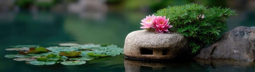 Aufkleber - Stone lantern in harmony with peaceful lotus pond concept. A serene water lily floating peacefully on a calm pond.