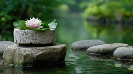Poster - Stone lantern in harmony with peaceful lotus pond concept. A serene water lily floating on a tranquil pond stone.