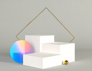 Poster - Abstract Geometric Display White Cubes, Gold Frame, Pastel Circle