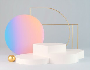 Poster - Abstract Pastel Background with Geometric Gold Frames and White Podium