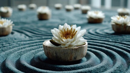 Poster - Raked sand patterns in tranquility with lantern and lotus concept. A serene water lily floating in a tranquil zen garden.