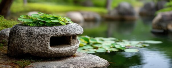 Aufkleber - Stone lantern in harmony with peaceful lotus pond concept. A tranquil stone with water lilies in a serene garden setting.