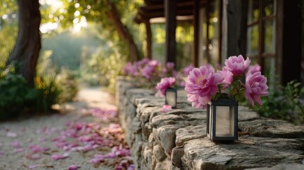 Poster - Tea pavilion with minimalism and rock by lantern concept. Beautiful walkway adorned with pink flowers and lanterns.