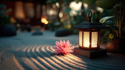 Poster - Raked sand patterns in tranquility with lantern and lotus concept. A serene lantern illuminates a tranquil garden with a lotus flower.