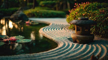 Poster - Raked sand patterns in tranquility with lantern and lotus concept. A serene garden landscape featuring a stone lantern and pond.