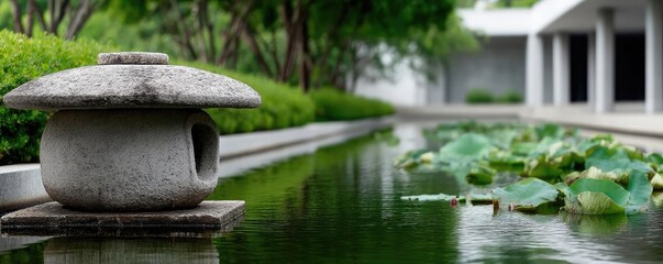 Poster - Stone lantern in harmony with peaceful lotus pond concept. Tranquil garden scene featuring a stone lantern amidst water lilies.
