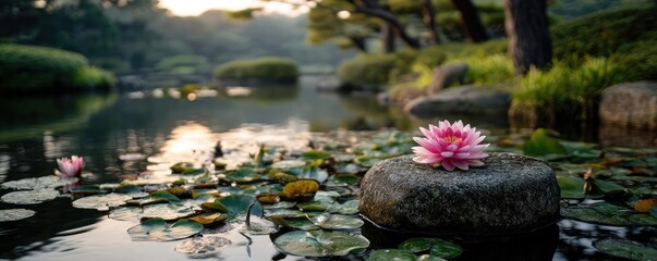 Poster - Stone lantern in harmony with peaceful lotus pond concept. A serene lotus flower blooms on a tranquil pond at sunrise.