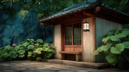 Poster - Tea pavilion with minimalism and rock by lantern concept. A serene traditional house surrounded by lush greenery and flowers.