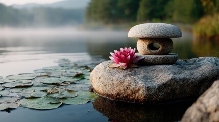 Poster - Stone lantern in harmony with peaceful lotus pond concept. Tranquil garden scene with stones and a blooming water lily.