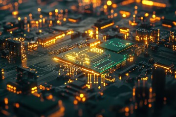Poster - Complex arrangement of circuit board microchip with illuminated electronic components in a high-tech environment