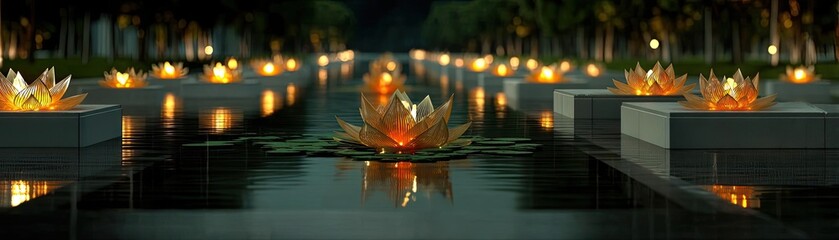Poster - Raked sand patterns in tranquility with lantern and lotus concept. Serene water lilies illuminated by soft candlelight at night.