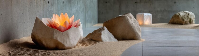 Poster - Raked sand patterns in tranquility with lantern and lotus concept. A serene indoor space showcasing a lotus flower and smooth stones.