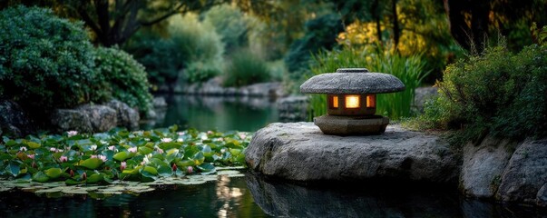Poster - Stone lantern in harmony with peaceful lotus pond concept. Tranquil garden scene with a lantern by a serene pond.