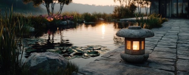 Poster - Stone lantern in harmony with peaceful lotus pond concept. Tranquil garden scene with a lantern reflecting in the pond.