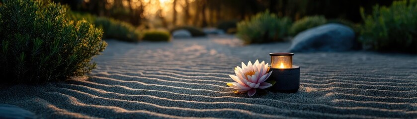Poster - Raked sand patterns in tranquility with lantern and lotus concept. A serene setting featuring a flower and candle on sandy terrain.