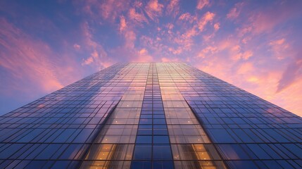 Poster - Tall Business Building Under Evening Glow in Reflective Sky