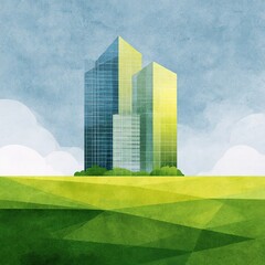 Poster - Geometric Clipart of Stylized Office Tower on Green Landscape