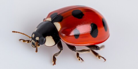 Detailed shot of red ladybug with black spots on a white background