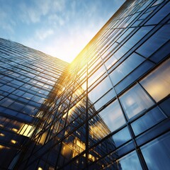 Poster - Sunlit Glass Skyscraper Wall in Morning Light Near Urban Landscape