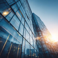 Poster - Sunlit Skyscraper with Glass Wall in Morning Light Close Up View