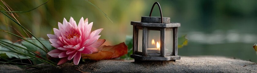 Poster - Raked sand patterns in tranquility with lantern and lotus concept. A serene lantern beside a pink water lily in a peaceful setting.