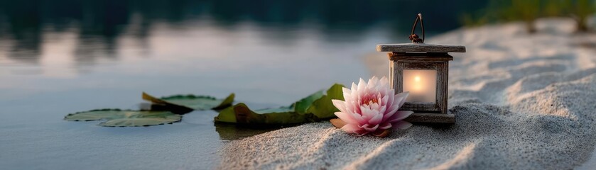 Poster - Raked sand patterns in tranquility with lantern and lotus concept. A serene scene of a lantern by the water with a blooming lotus flower.