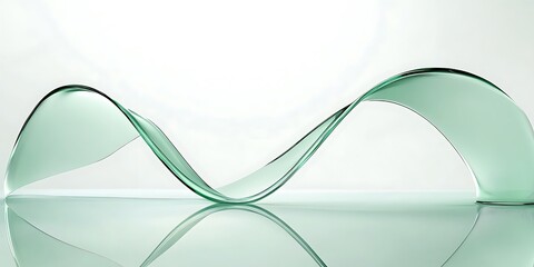 Poster - A curved glass ribbon and reflective water surface effects. A minimalist abstract light green background. Abstract glass waves in green turquoise tones on a white background.

